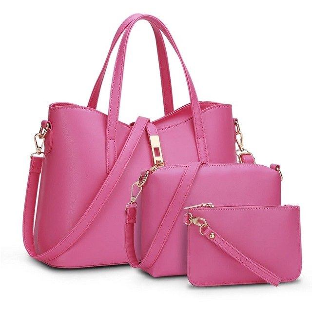 Women's three-piece PU handbag set with top-handle bag, crossbody and pouch