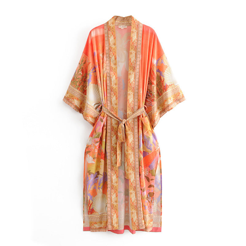 Women's mermaid print long kimono robe