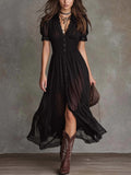 Black Round-Neck Short-Sleeve Maxi Dress