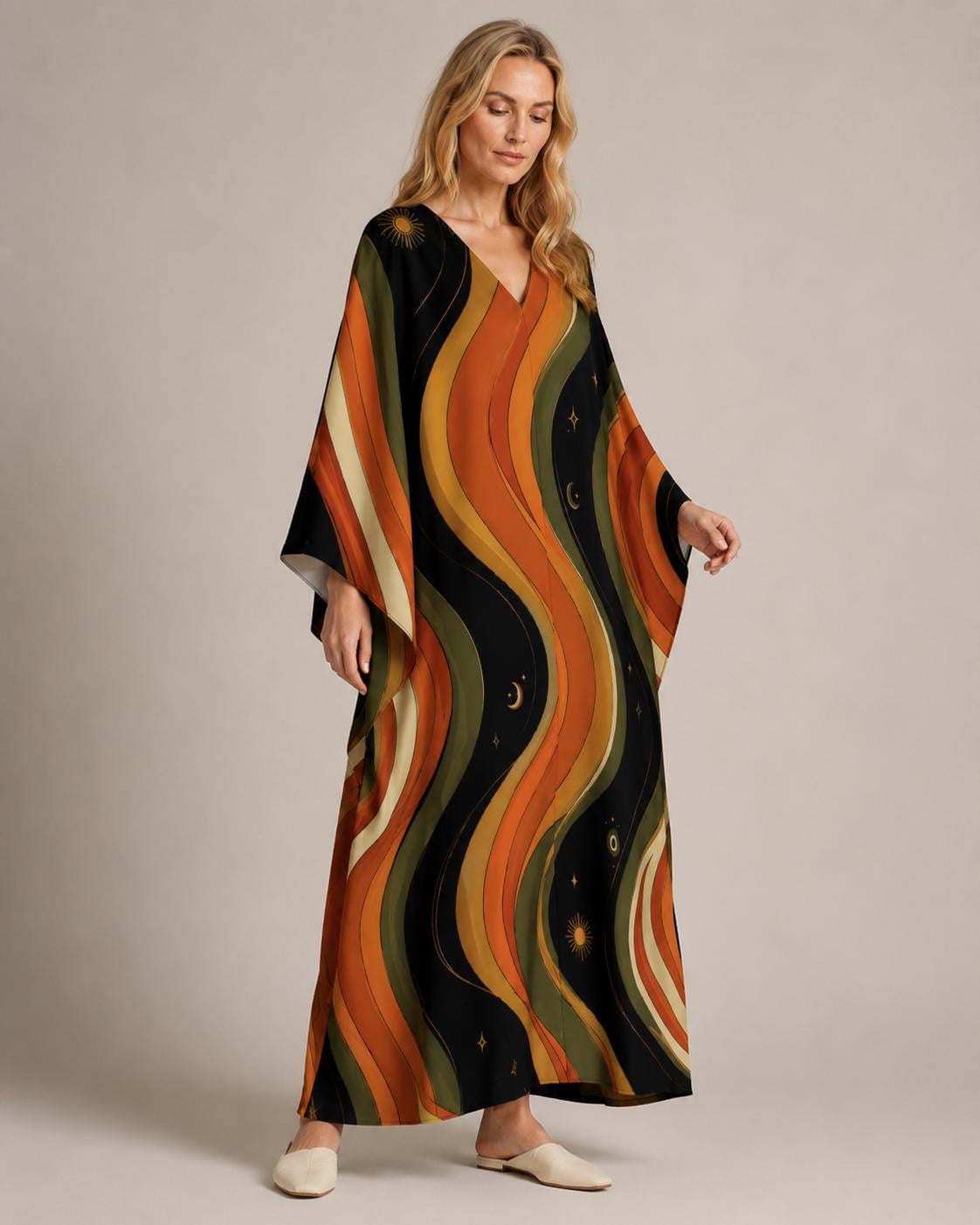 Retro Cosmic Kaftan Dress | Celestial Sun Moon Resort Wear