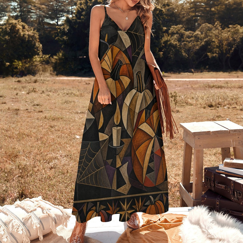 Gothic Symbolic Slip Maxi Dress | Dark Art Spaghetti Strap Dress
