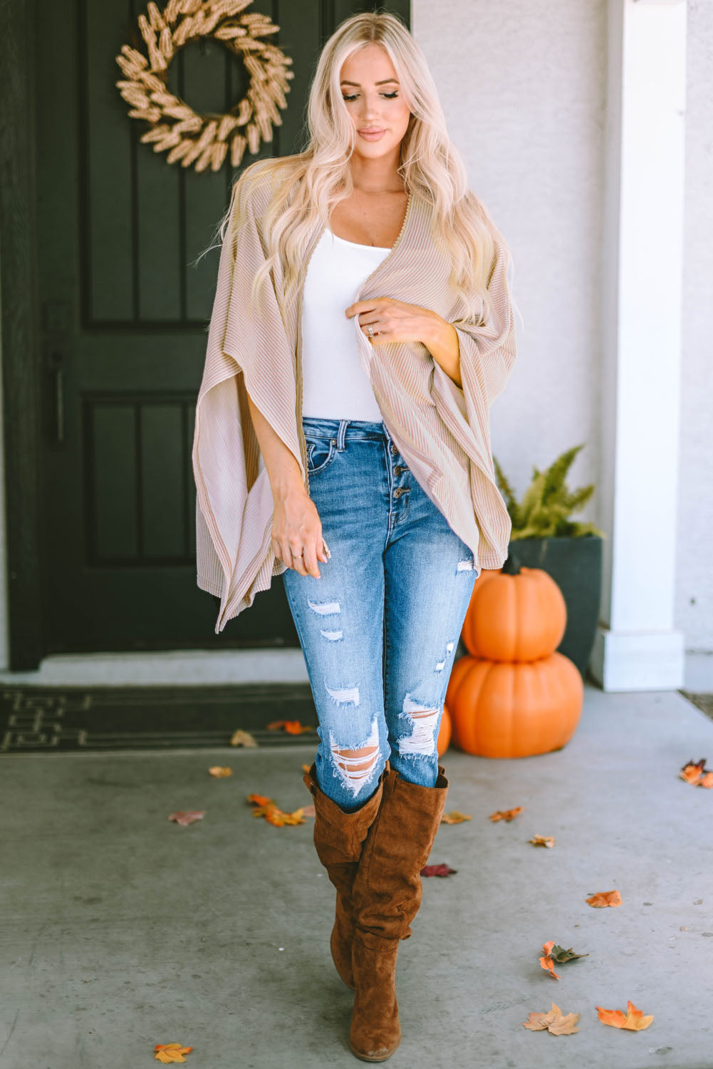 Women's Lace-Trim Ribbed Kimono Cardigan – Black or Apricot