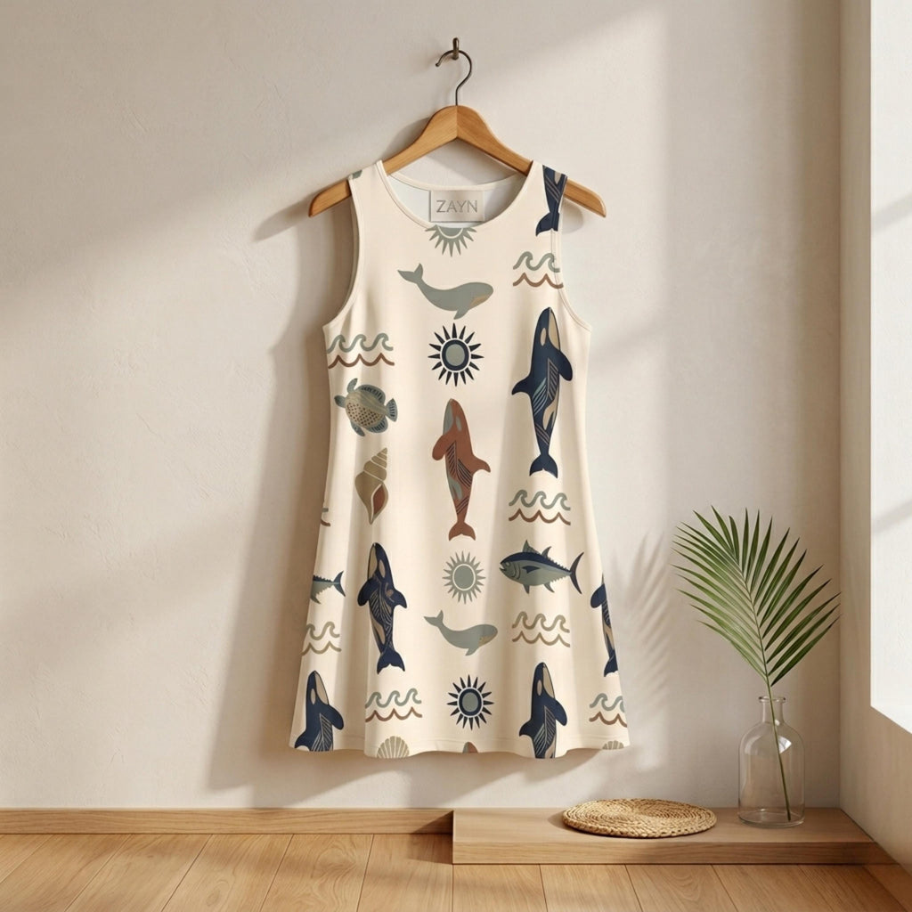 Coastal Whale Print A-Line Dress | Sleeveless Cruise Vacation Dress