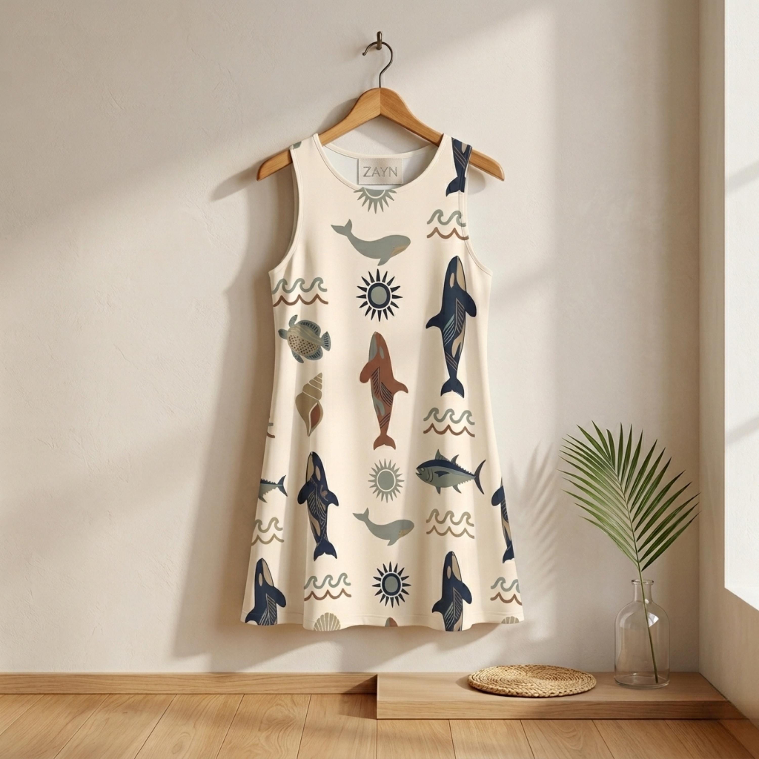 Coastal Whale Print A-Line Dress | Sleeveless Cruise Vacation Dress