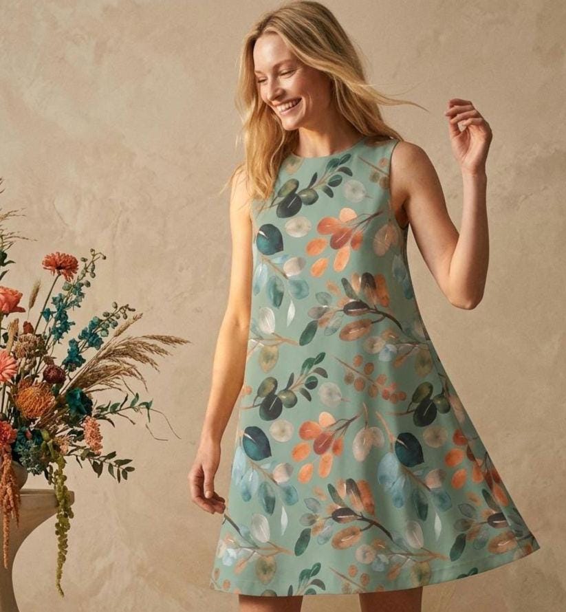Sage Green Botanical A-Line Mini Dress | Watercolor Leaf Pocket Dress