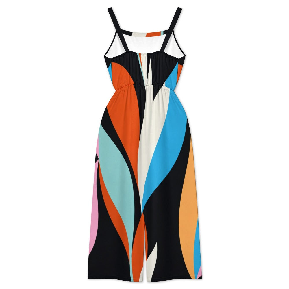 Retro Geometric Wide-Leg Jumpsuit with Pockets | Teal Terracotta
