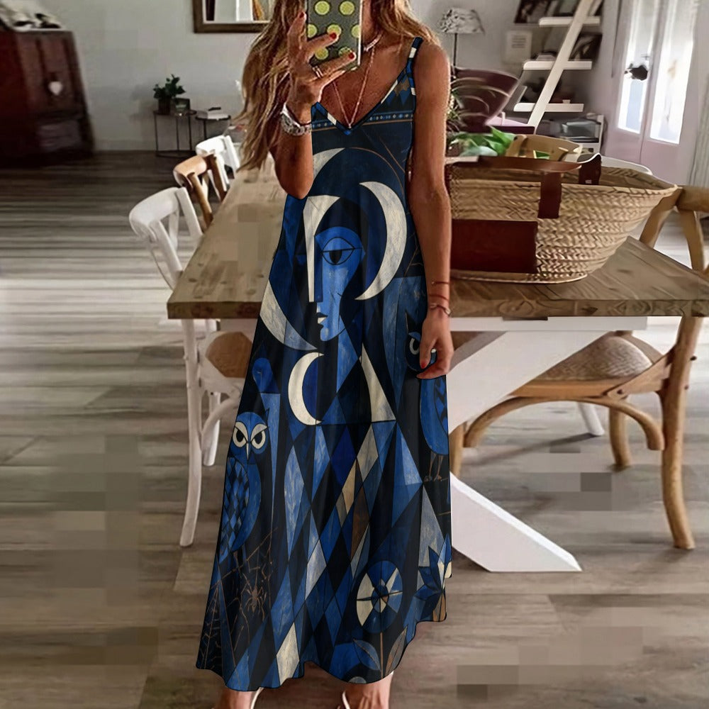 Celestial Art Slip Maxi Dress | Blue Spaghetti Strap Dress