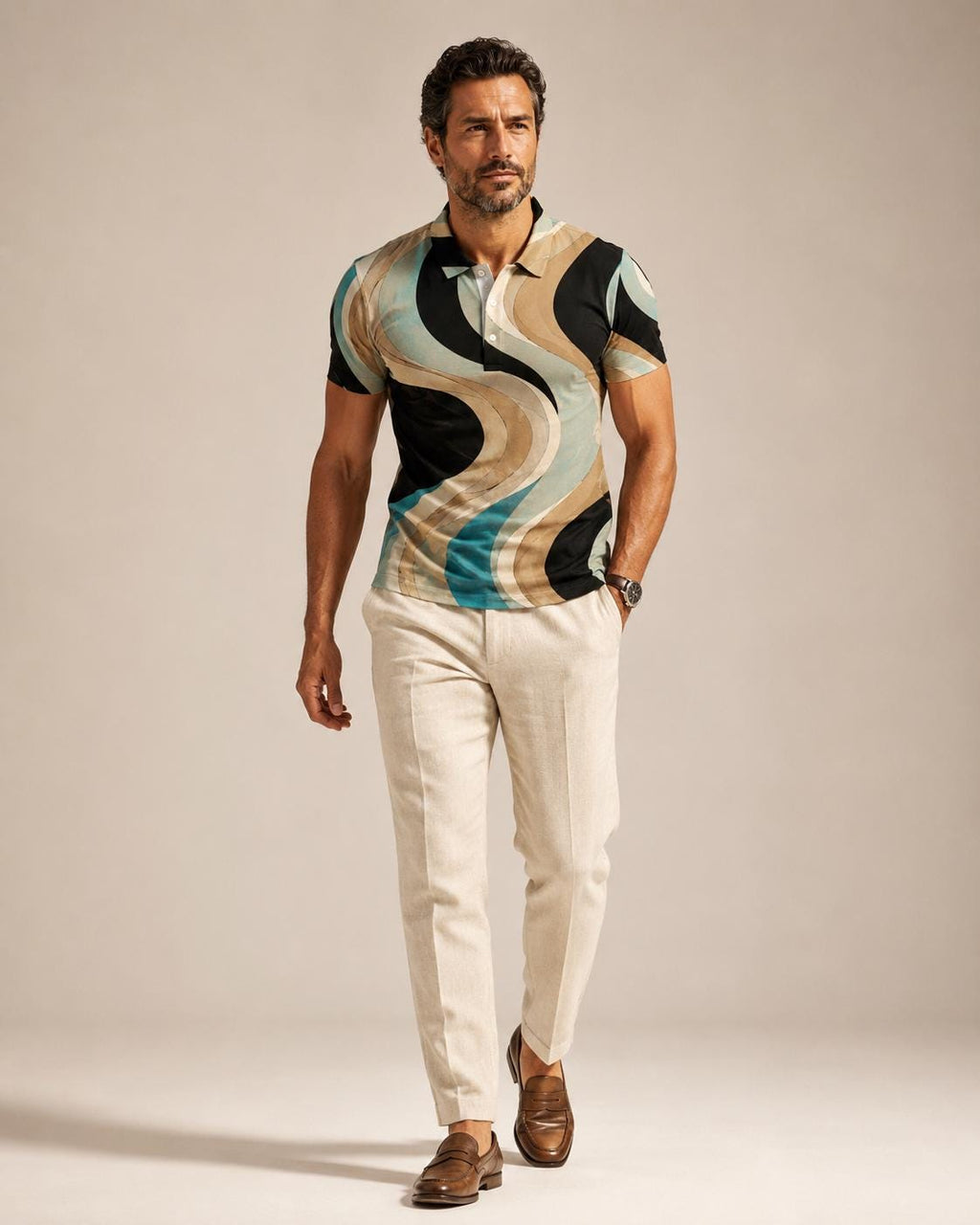 Men’s Retro Geometric Polo Shirt | Mediterranean Resort Golf Top