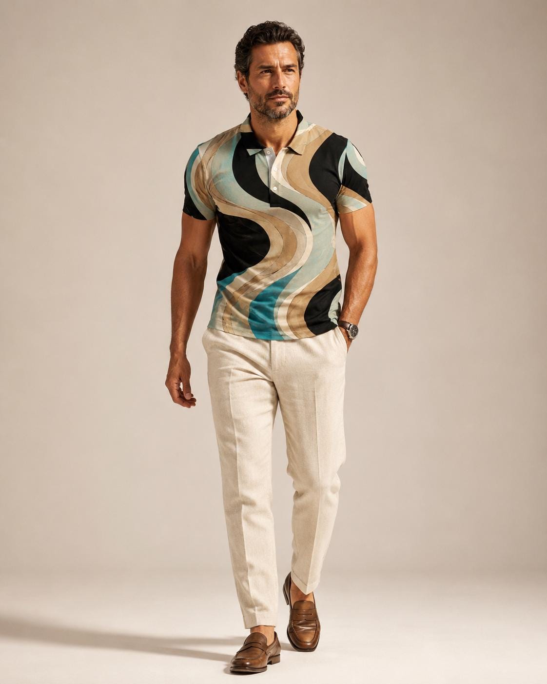 Men’s Retro Geometric Polo Shirt | Mediterranean Resort Golf Top