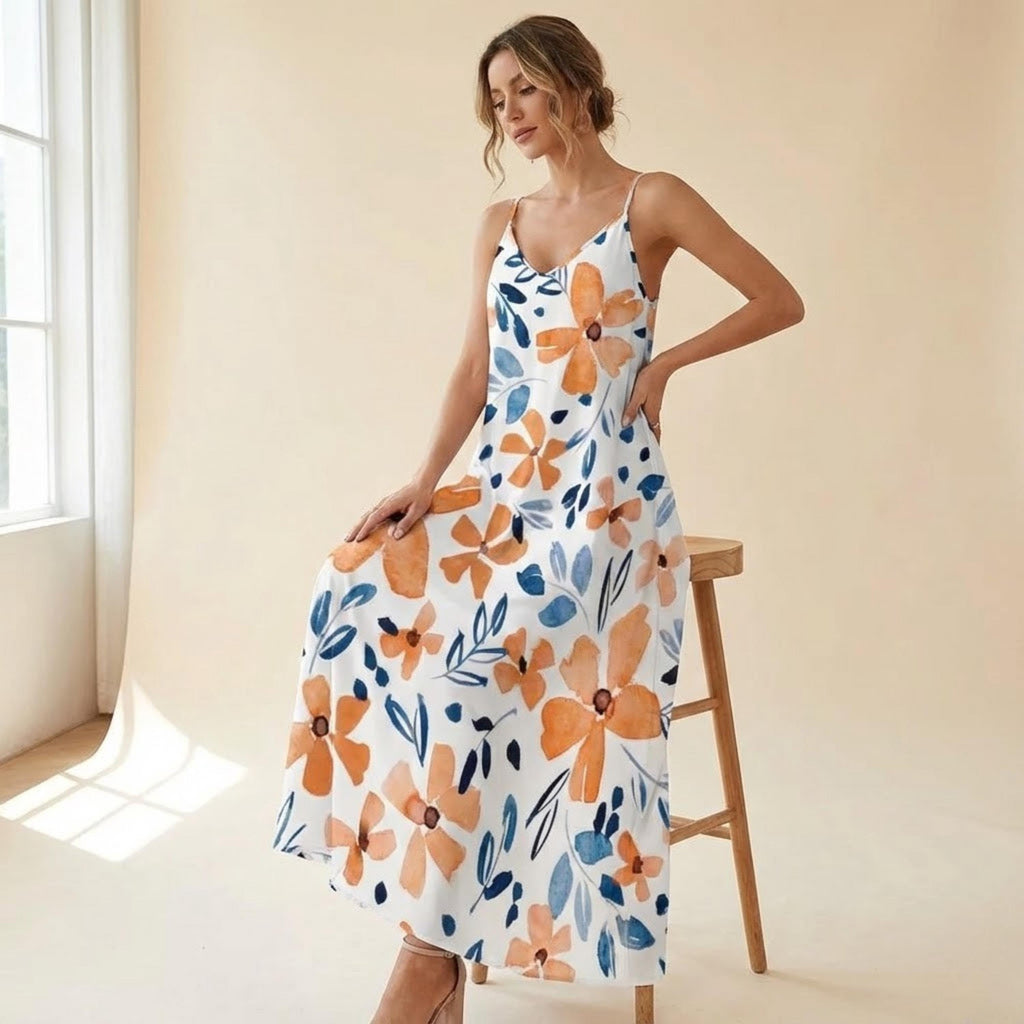 Boho Floral Maxi Sundress with Pockets | Sleeveless Vacation Dress