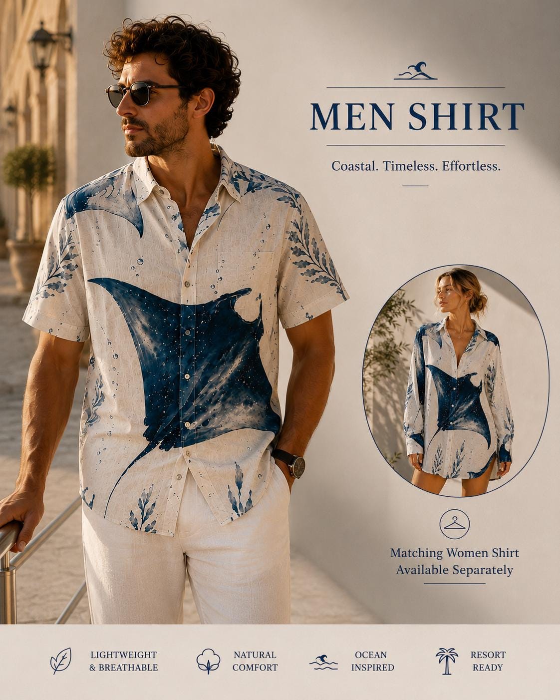 Men’s Manta Ray Cotton Shirt | Coastal Marine Resort Shirt