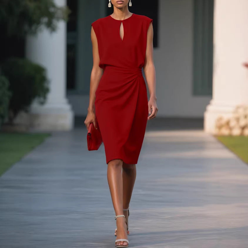 Solid Sleeveless Round-Neck Midi Dress