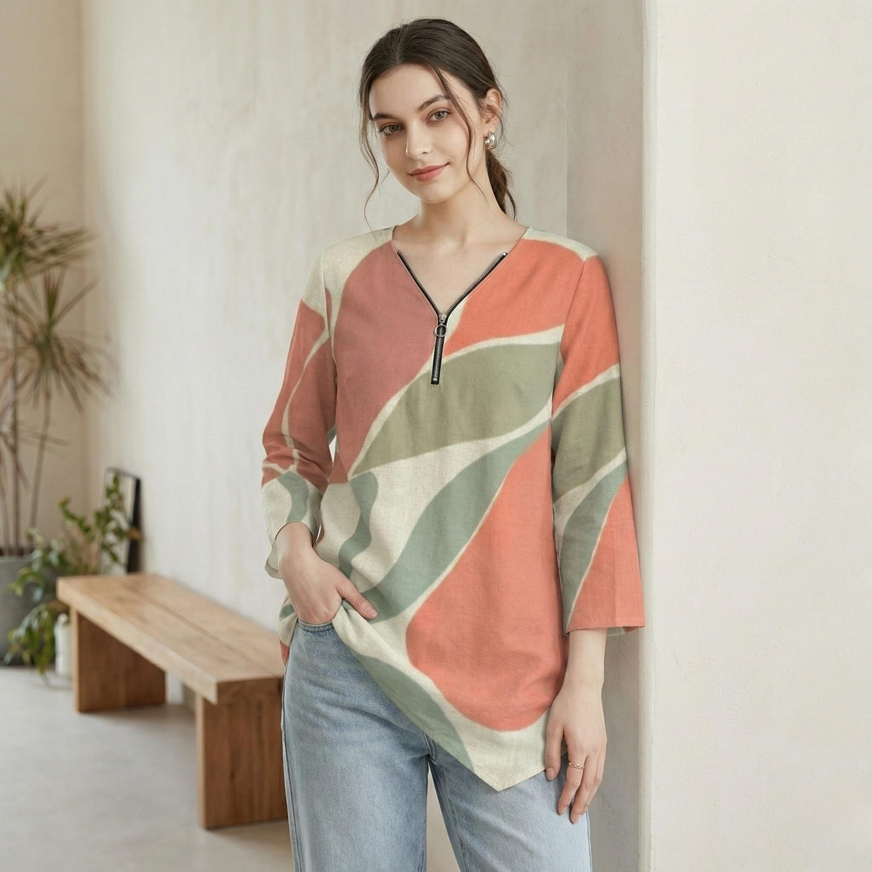 Abstract Leaf Zipper Blouse | V-Neck Linen-Look Tunic