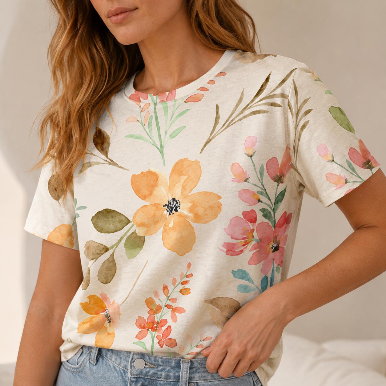 Botanical Watercolor Cotton T-Shirt | Cottagecore Floral Tee