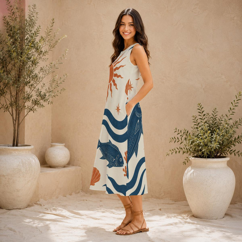 Sun Fish Cotton Midi Dress | Mediterranean A-Line Pocket Dress