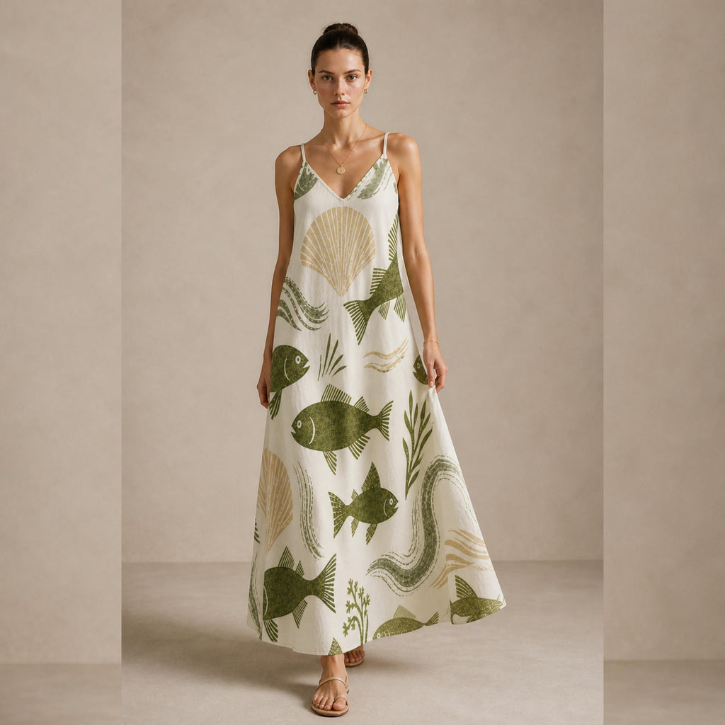 Coastal Fish Print Maxi Dress | Elegant Mediterranean Resort Dress
