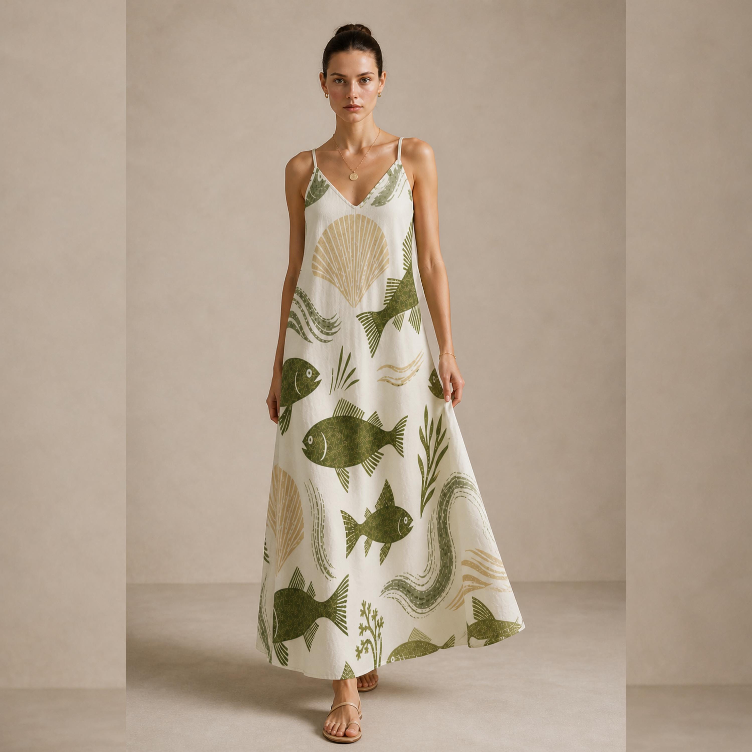 Coastal Fish Print Maxi Dress | Elegant Mediterranean Resort Dress