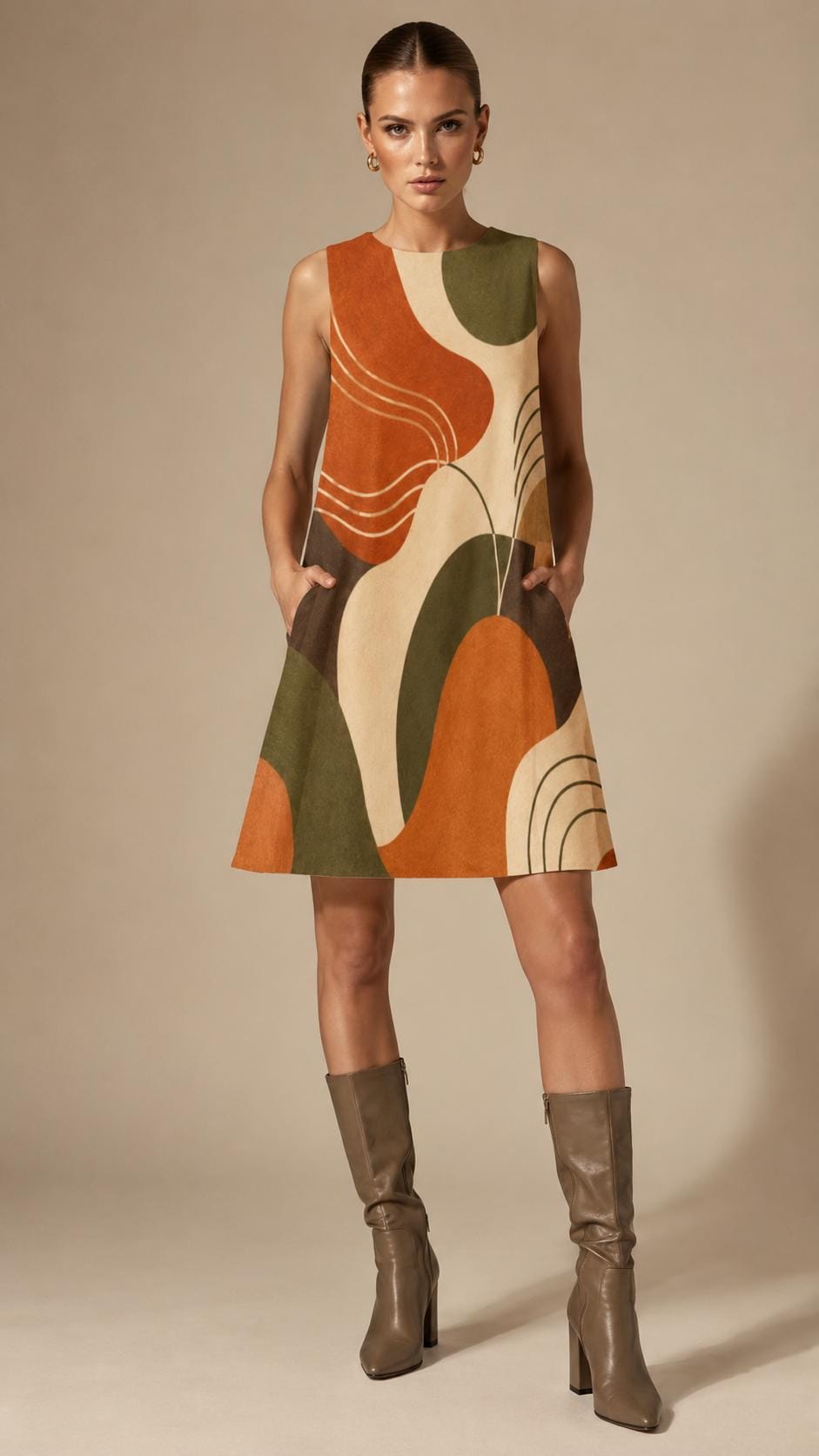 Earthy Abstract A-Line Mini Dress | Retro Coastal Pocket Dress