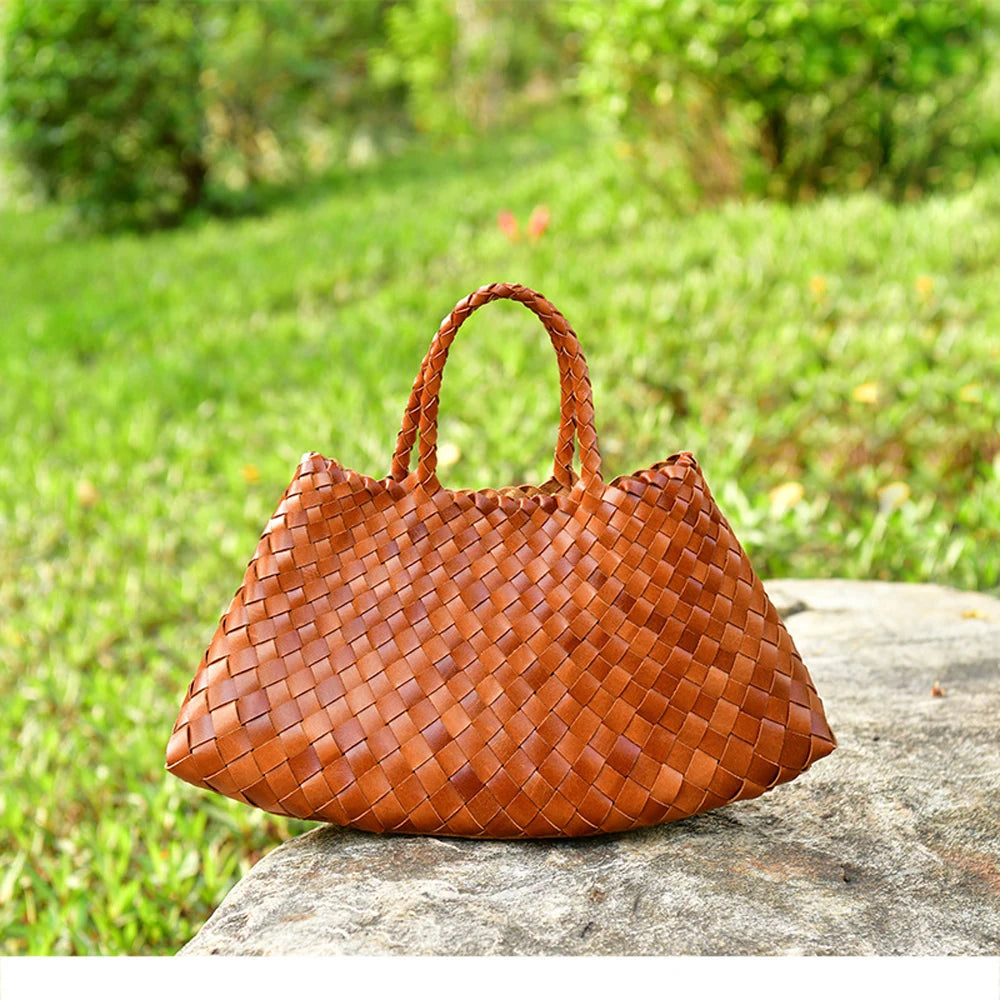 Women's woven cowhide leather tote bag in small or large size