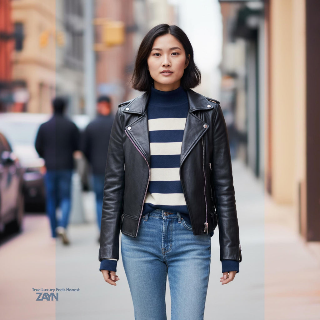Navy Cream Striped Turtleneck Sweater | Quiet Luxury Winter Knit