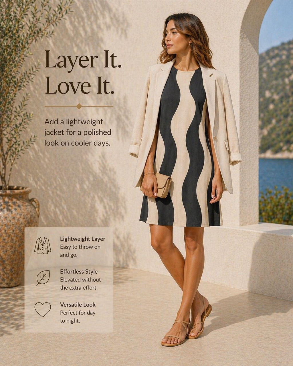 Minimalist Wave A-Line Midi Dress | Black Beige Pocket Occasion Dress