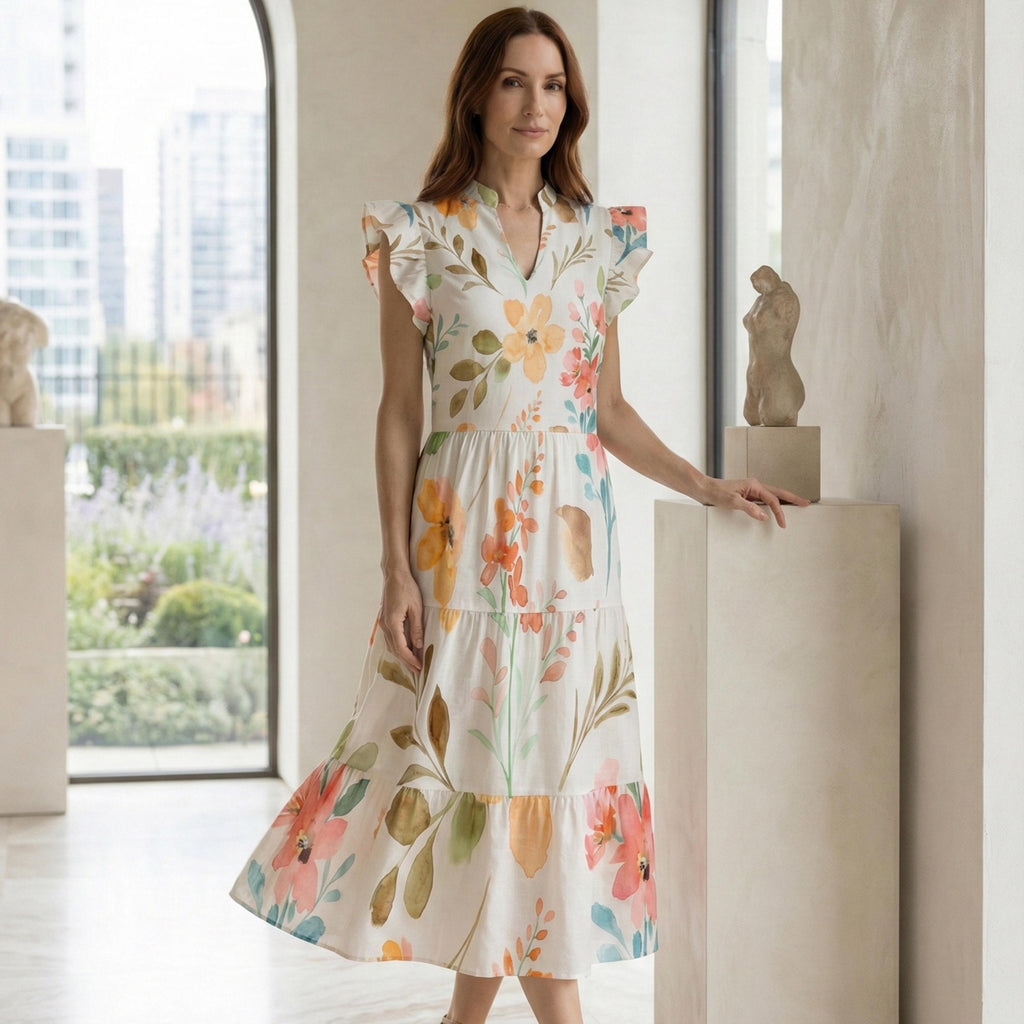 Floral Flutter Sleeve Midi Dress | Garden Party Summer Dress