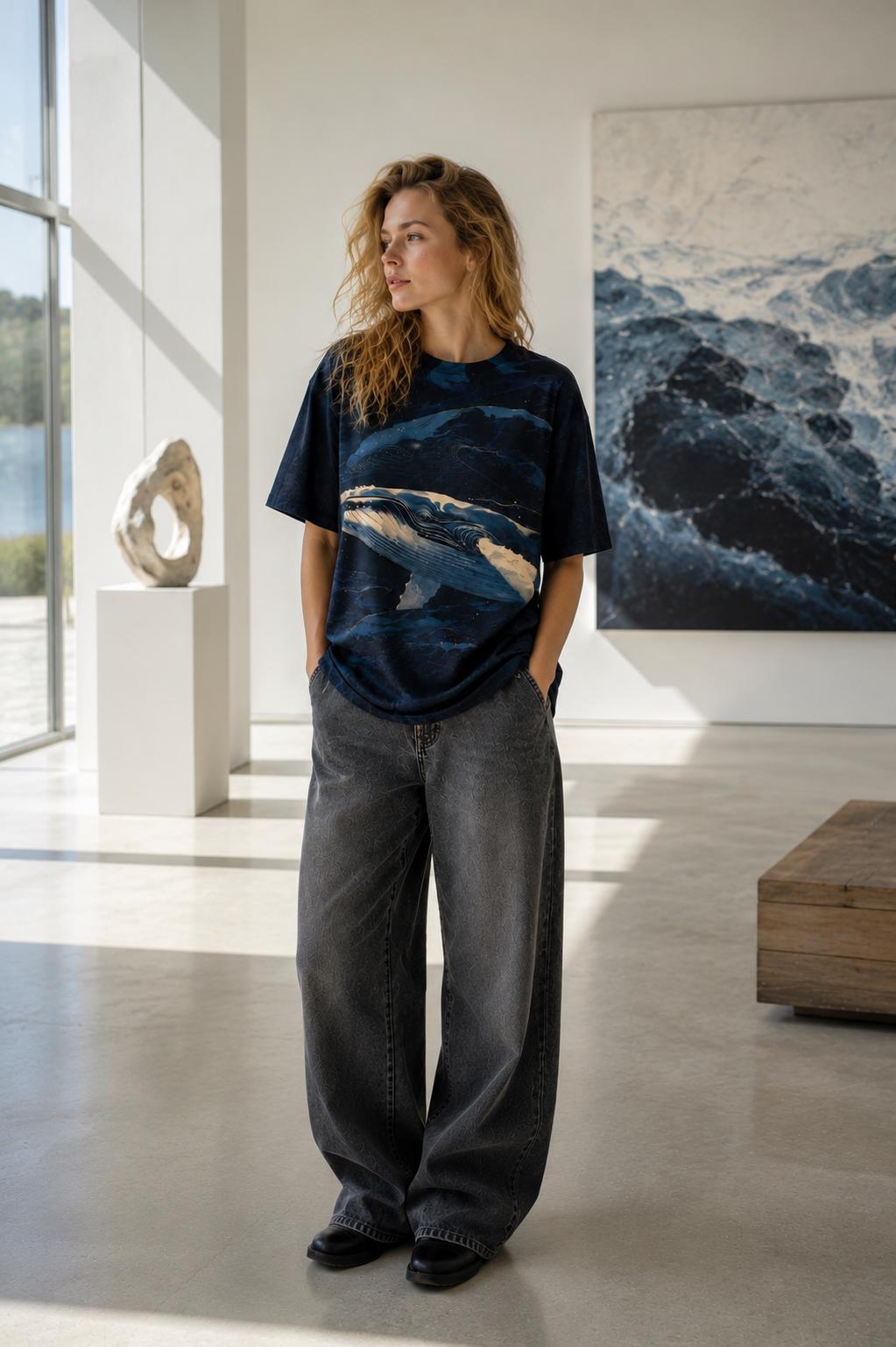 Artistic Whale Cotton T-Shirt | Dark Nordic Marine Tee