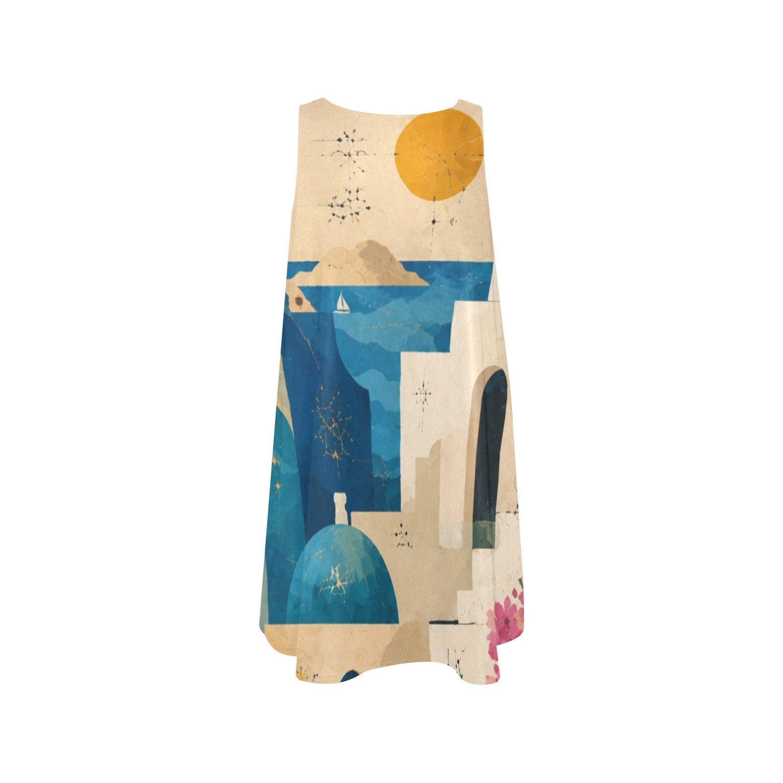 Mediterranean Landscape A-Line Mini Dress with Pockets, Greek Island Art Print