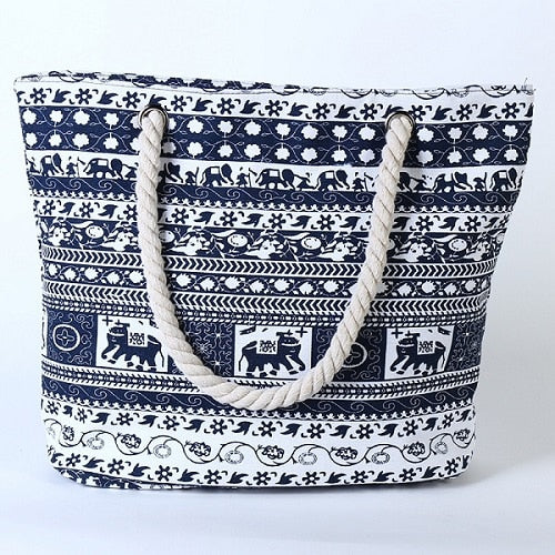 Women's blue elephant floral canvas shoulder tote bag
