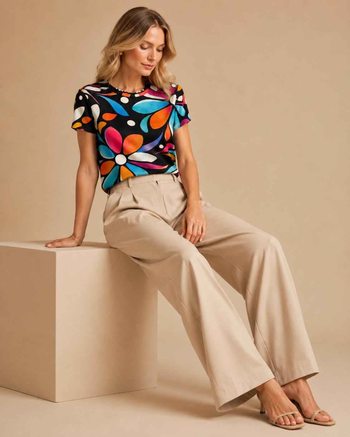 Retro Floral Cotton T-Shirt | Colorful Mod Flower Graphic Tee