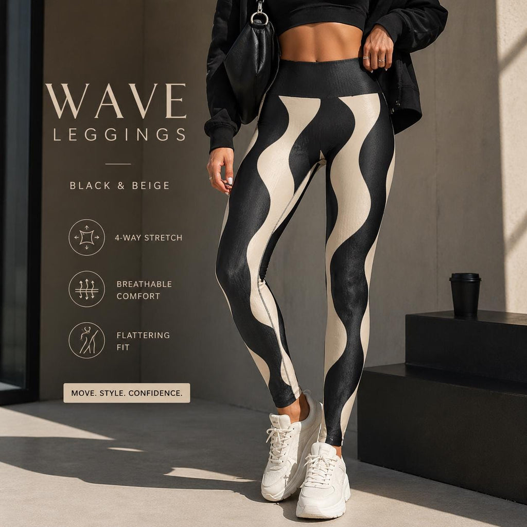 Black Beige Wave Leggings | Abstract High-Waist Yoga Pants