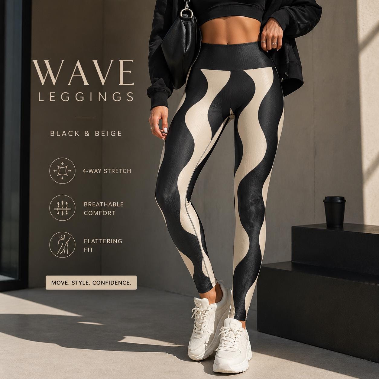 Black Beige Wave Leggings | Abstract High-Waist Yoga Pants