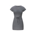 Round-Neck Patterned Short-Sleeve Midi Dress