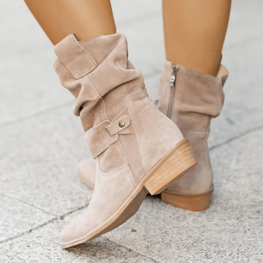 Pleated suede low-heel ankle boots for women