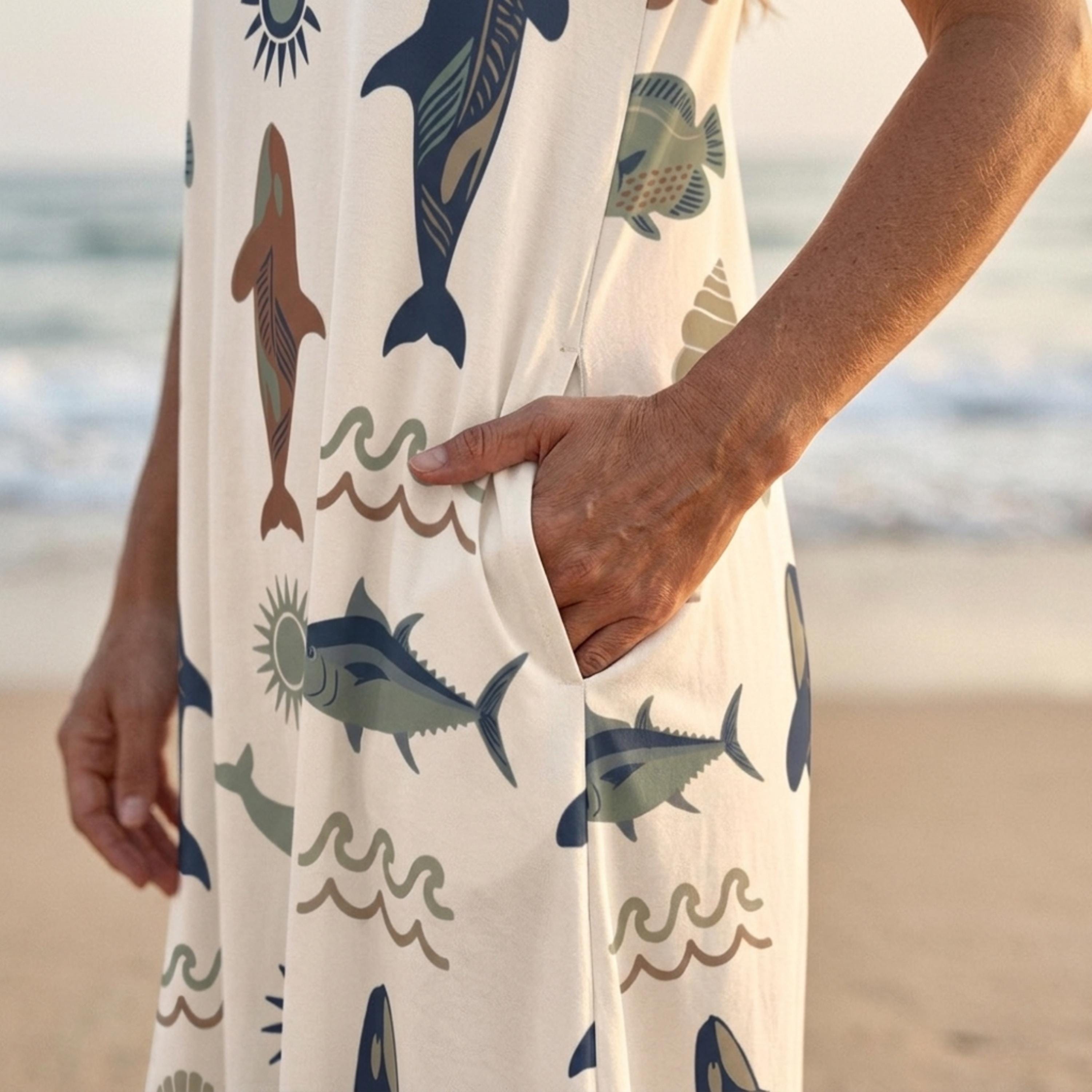 Coastal Whale Print A-Line Dress | Sleeveless Cruise Vacation Dress