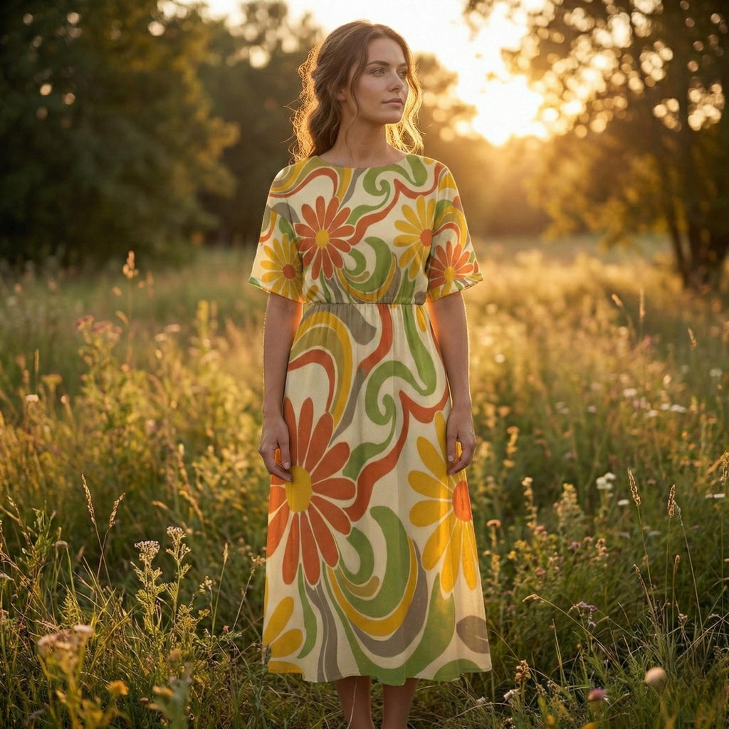70s Floral Midi Dress | Retro Boho Summer Dress