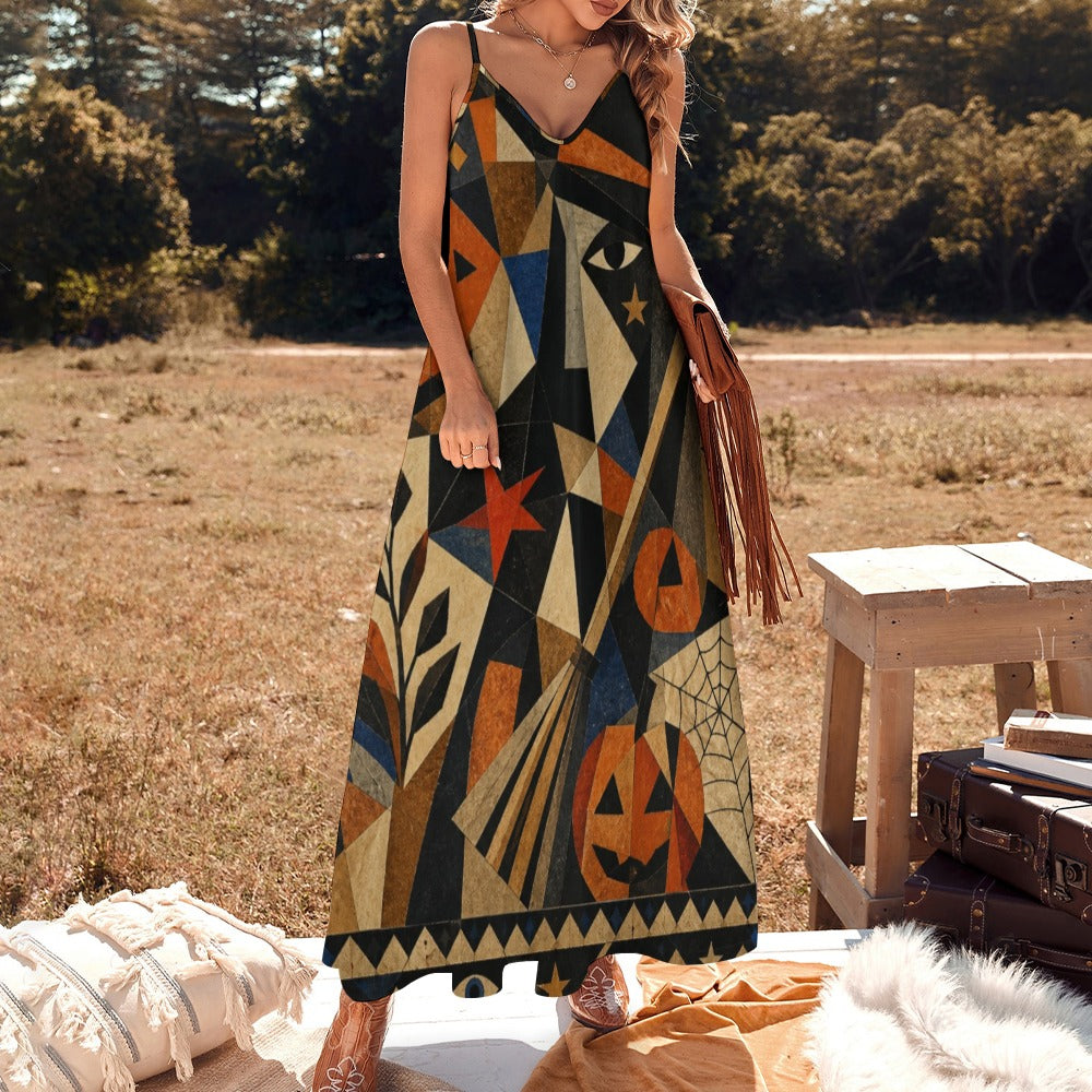 Abstract Halloween Slip Maxi Dress | Spaghetti Strap Statement Dress