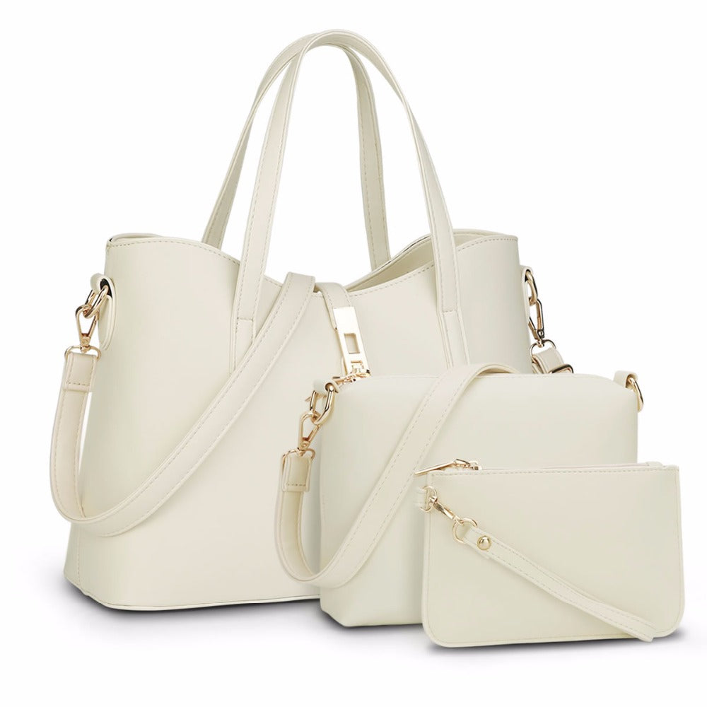 Women's three-piece PU handbag set with top-handle bag, crossbody and pouch