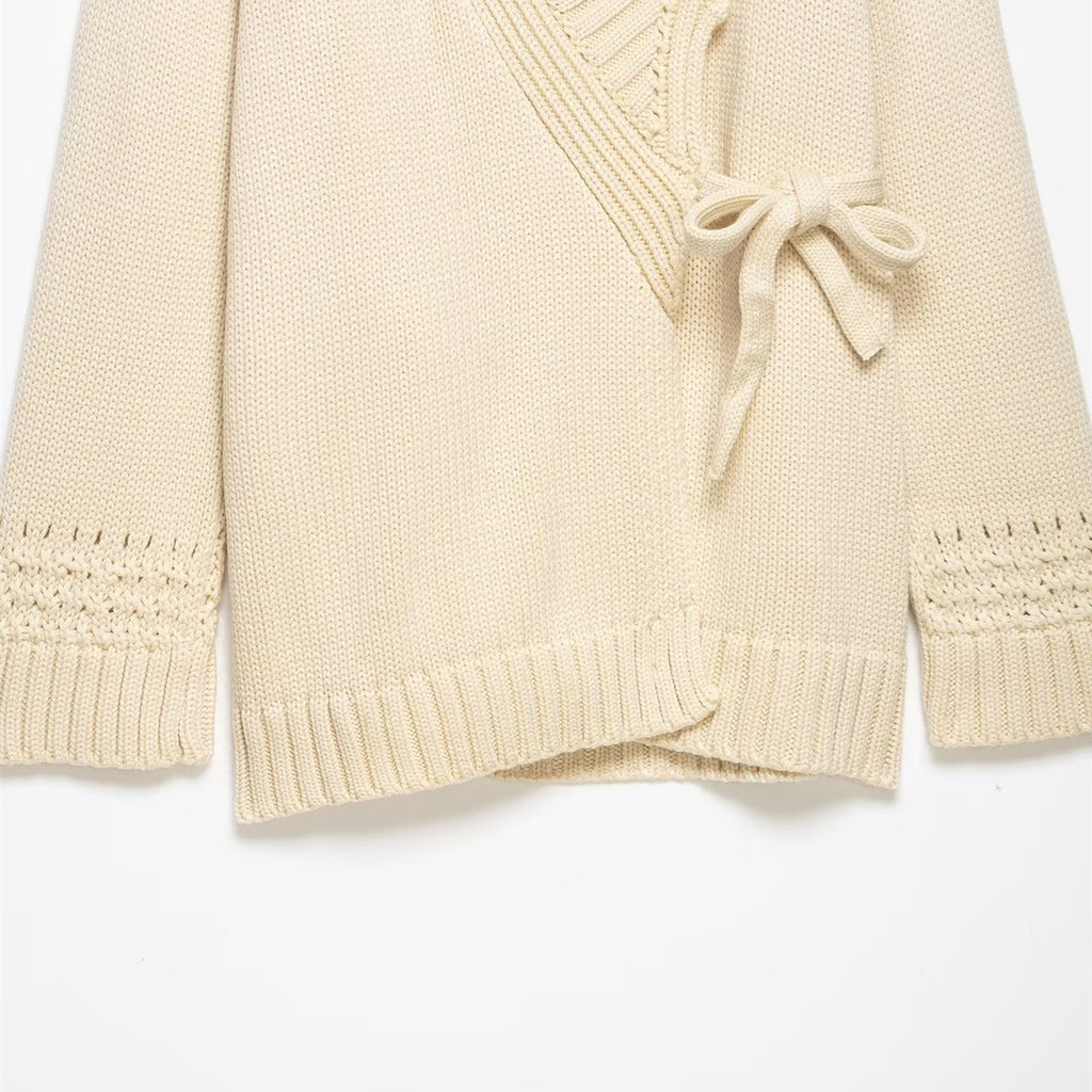 Tie-front light yellow layering jacket with kimono silhouette