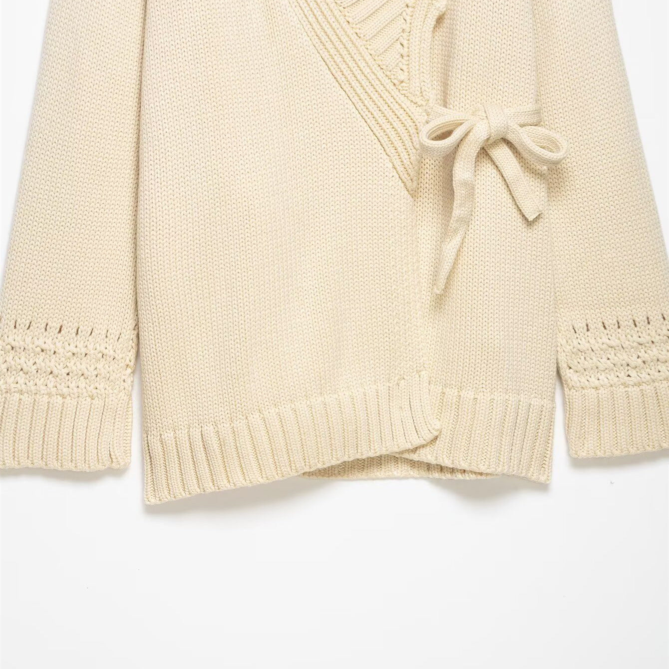 Tie-front light yellow layering jacket with kimono silhouette