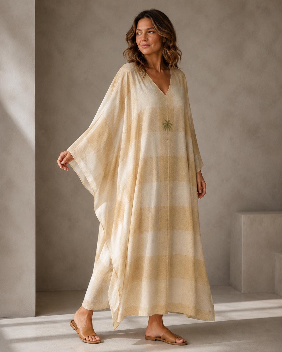 Beige Plaid Kaftan Dress | Oversized Resort Cover-Up
