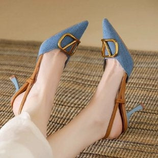 Denim pointed-toe stiletto sandals for women