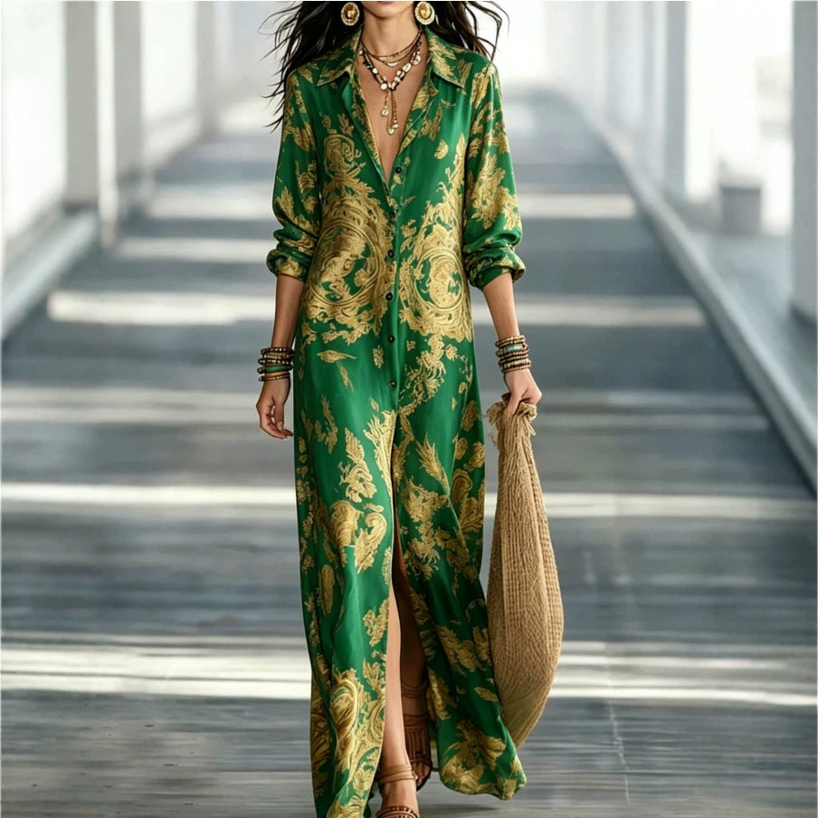 Blue Floral Three-Quarter Sleeve Maxi Dress