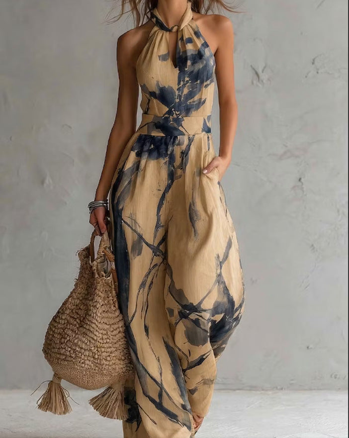 Printed Sleeveless Wide-Leg Resort Jumpsuit