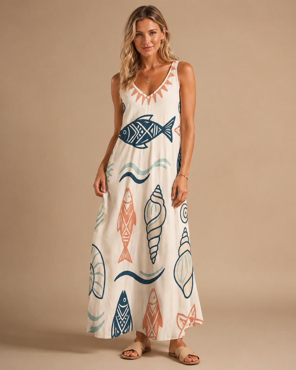 Mediterranean Fish Shell Maxi Dress | Sleeveless Coastal Resort Dress