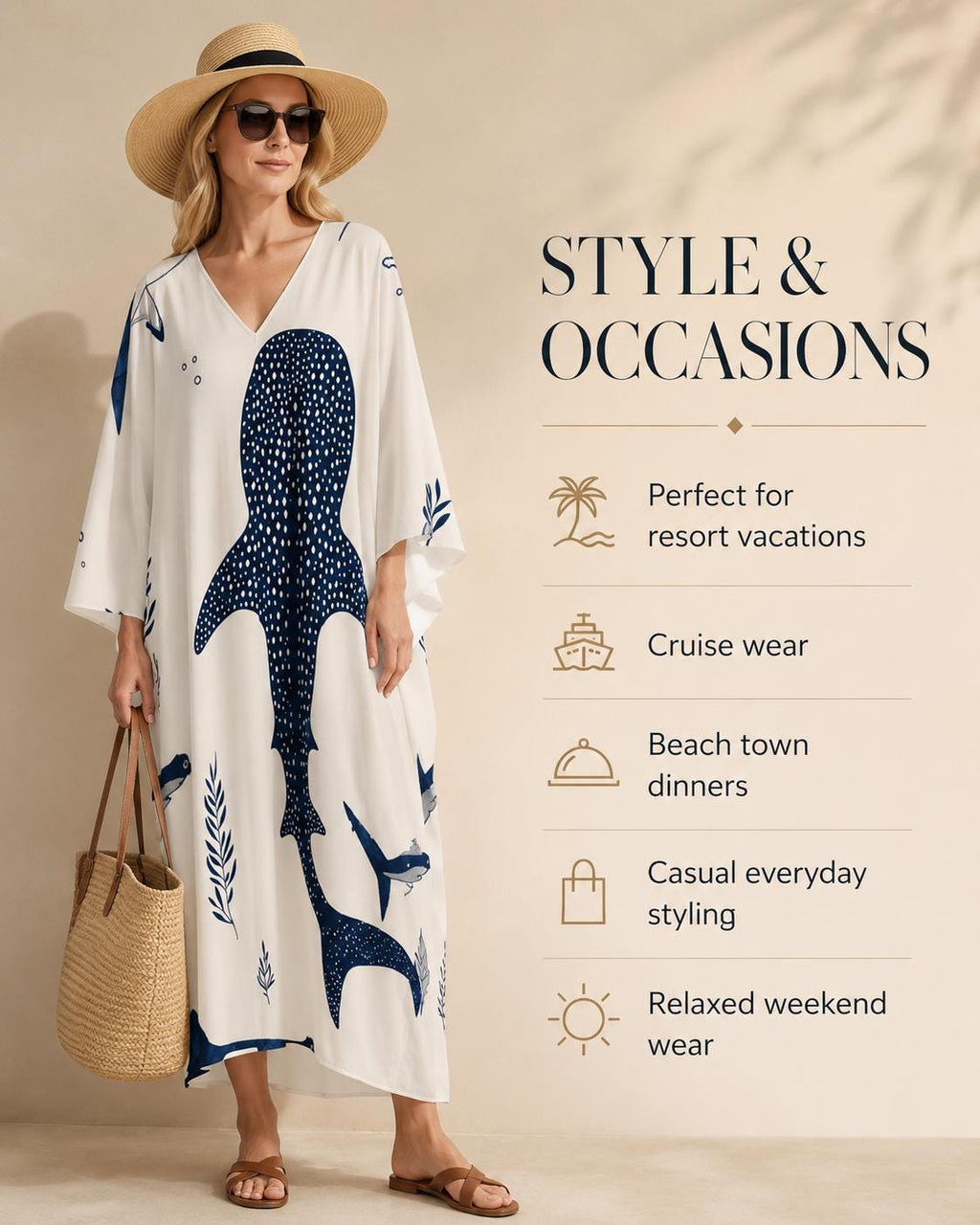 Whale Shark Kaftan Dress | Coastal V-Neck Resort Cover-Up