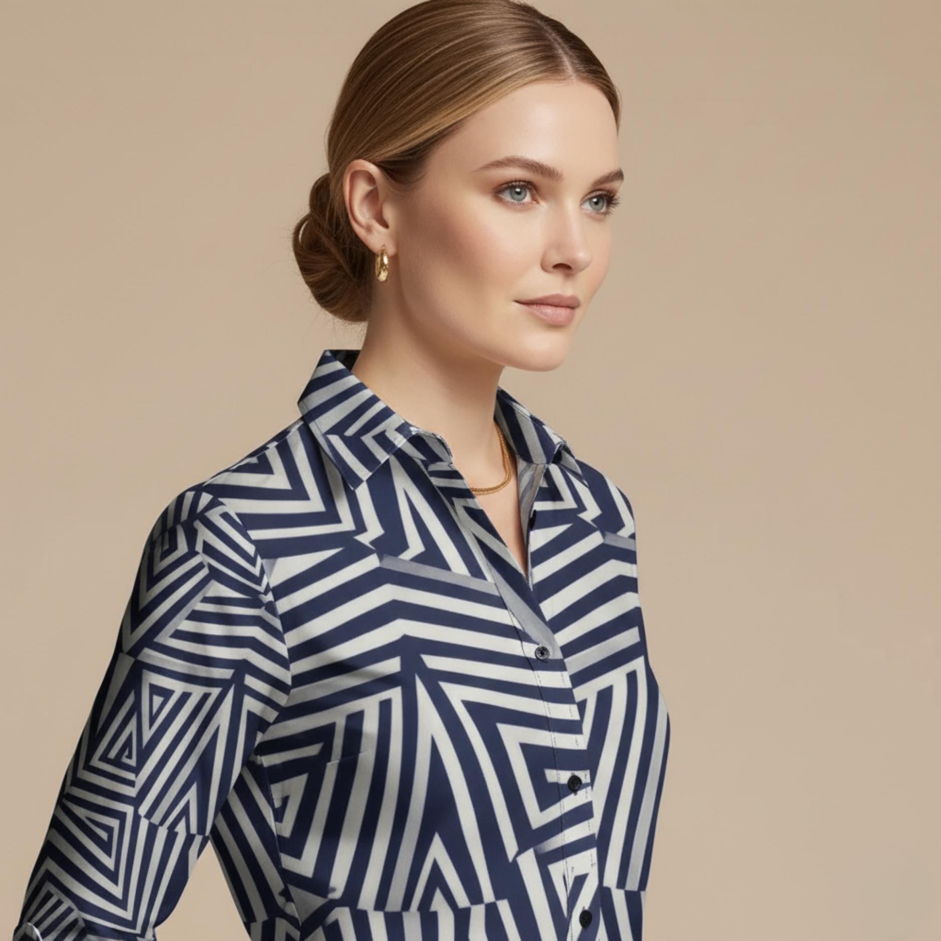 Navy Geometric Button-Down Shirt | Quiet Luxury Artwear Blouse