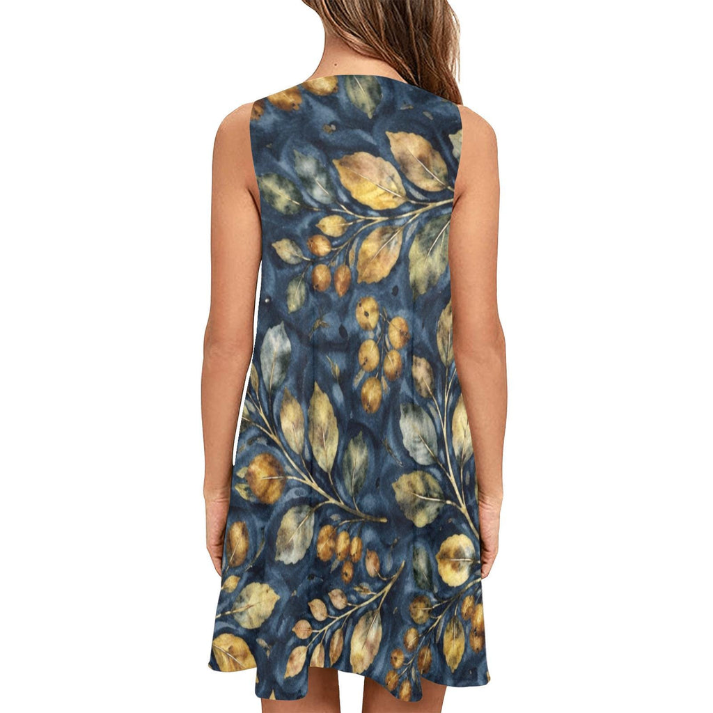 Navy Botanical A-Line Mini Dress | Blue Watercolor Leaf Pocket Dress