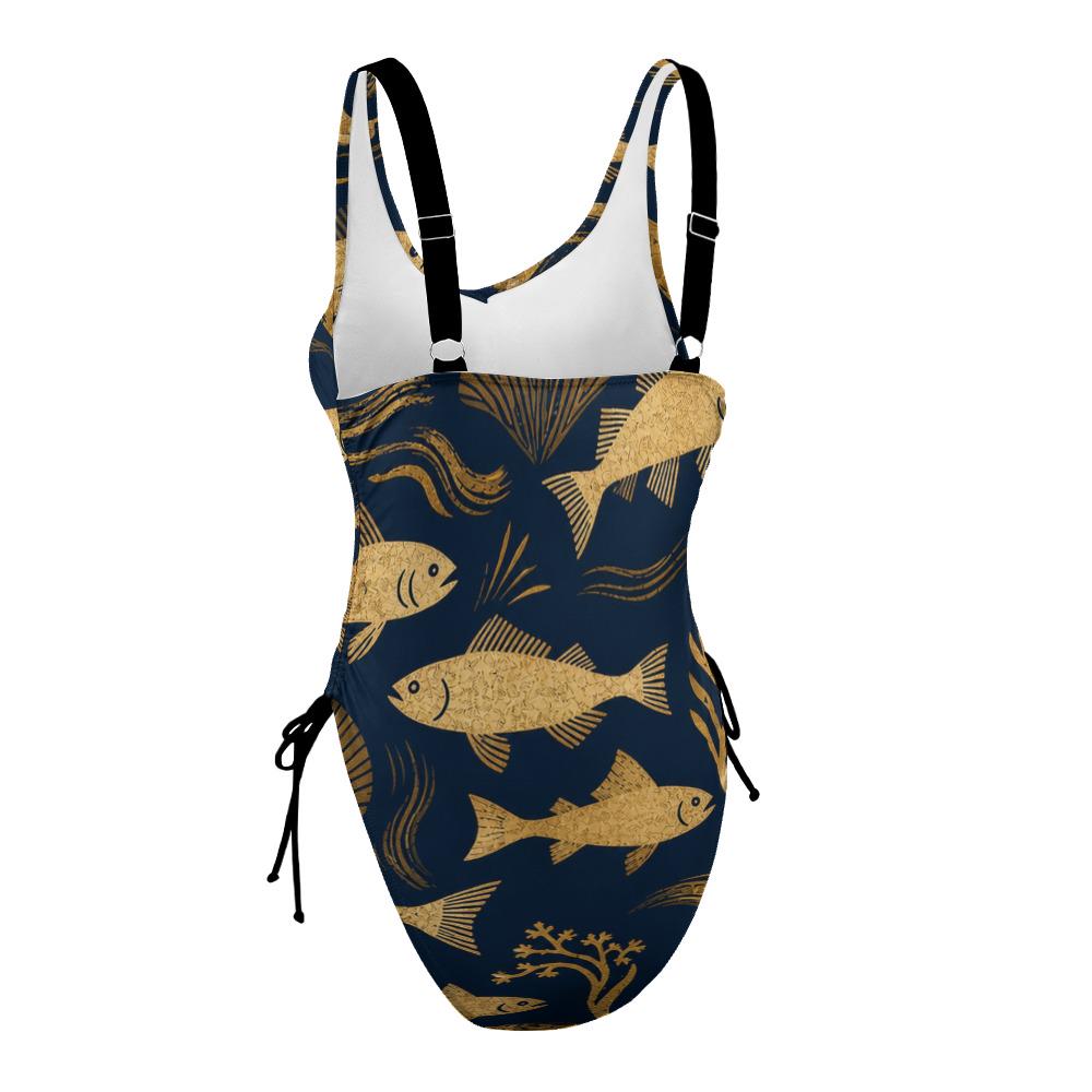 Navy Gold Fish One-Piece Swimsuit | Nautical Resort Swimwear