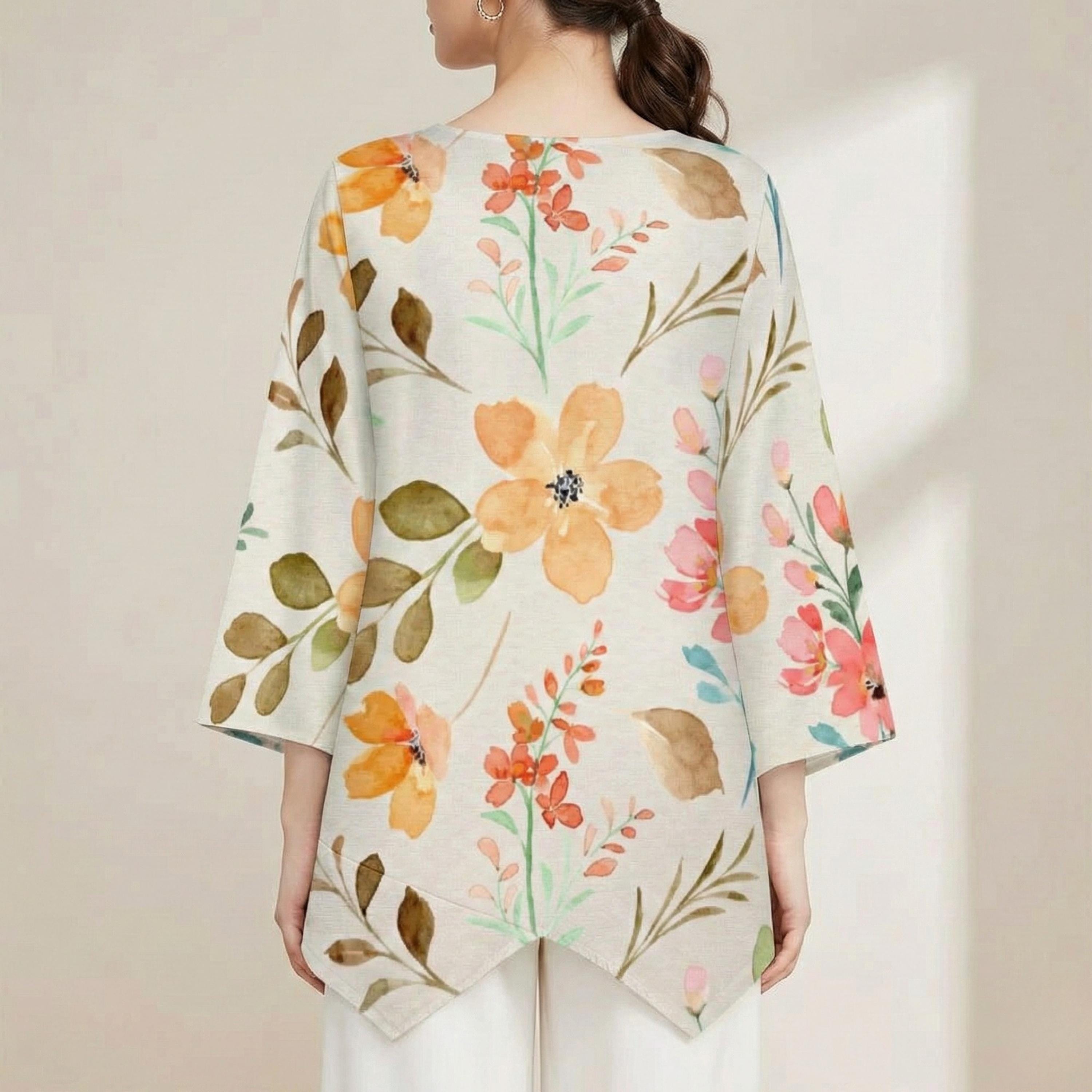 Soft Floral V-Neck Tunic | Watercolor Irregular Hem Top